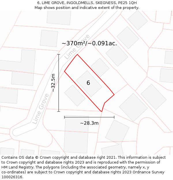 6, LIME GROVE, INGOLDMELLS, SKEGNESS, PE25 1QH: Plot and title map