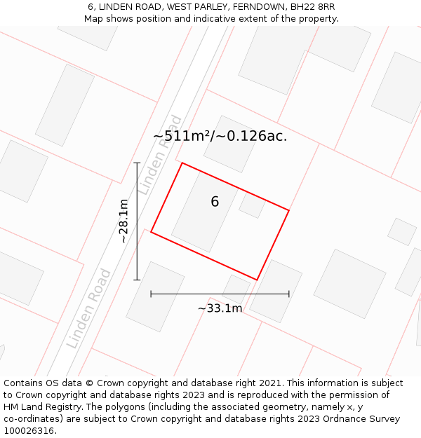 6, LINDEN ROAD, WEST PARLEY, FERNDOWN, BH22 8RR: Plot and title map