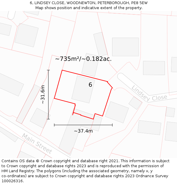 6, LINDSEY CLOSE, WOODNEWTON, PETERBOROUGH, PE8 5EW: Plot and title map