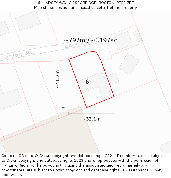 6, LINDSEY WAY, GIPSEY BRIDGE, BOSTON, PE22 7BT: Plot and title map