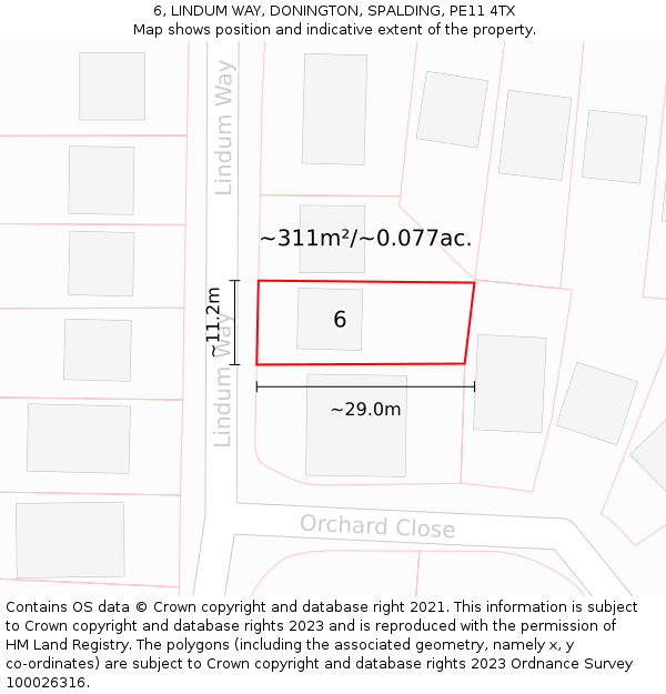 6, LINDUM WAY, DONINGTON, SPALDING, PE11 4TX: Plot and title map