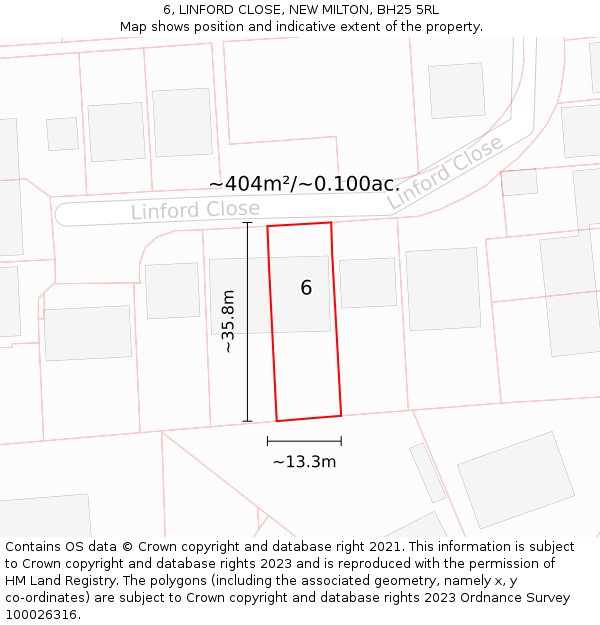 6, LINFORD CLOSE, NEW MILTON, BH25 5RL: Plot and title map