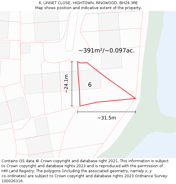 6, LINNET CLOSE, HIGHTOWN, RINGWOOD, BH24 3RE: Plot and title map