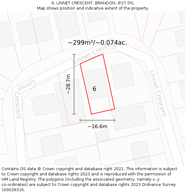 6, LINNET CRESCENT, BRANDON, IP27 0YL: Plot and title map