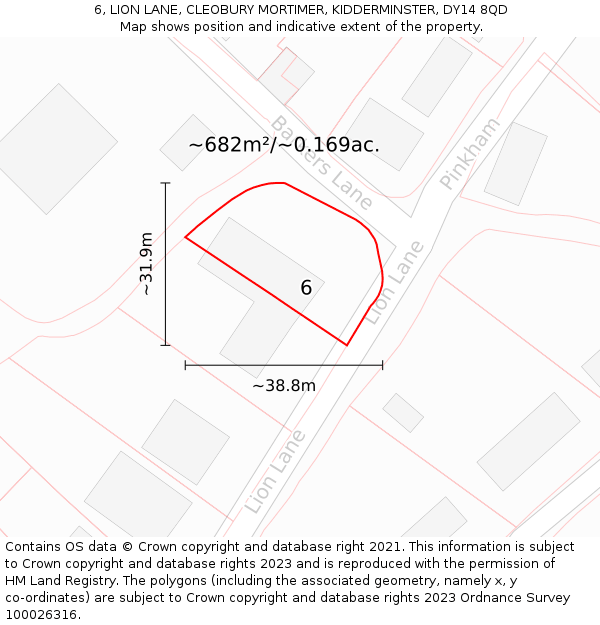 6, LION LANE, CLEOBURY MORTIMER, KIDDERMINSTER, DY14 8QD: Plot and title map