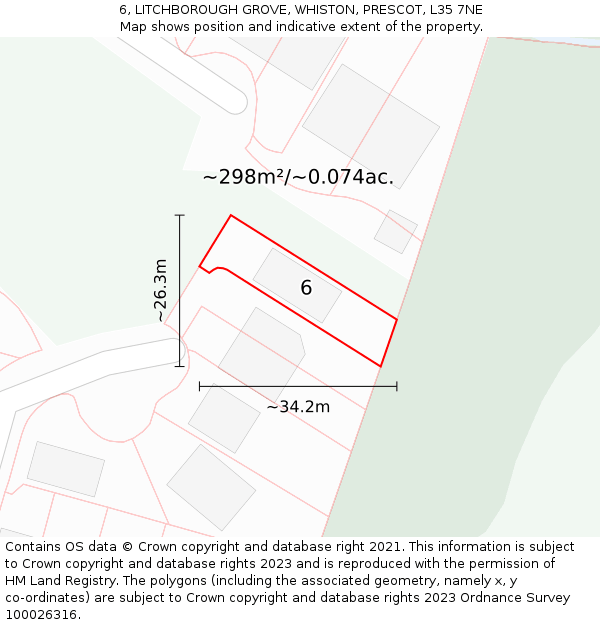 6, LITCHBOROUGH GROVE, WHISTON, PRESCOT, L35 7NE: Plot and title map