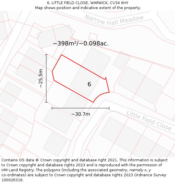 6, LITTLE FIELD CLOSE, WARWICK, CV34 6HY: Plot and title map
