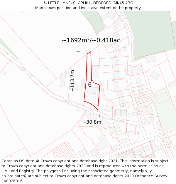 6, LITTLE LANE, CLOPHILL, BEDFORD, MK45 4BG: Plot and title map