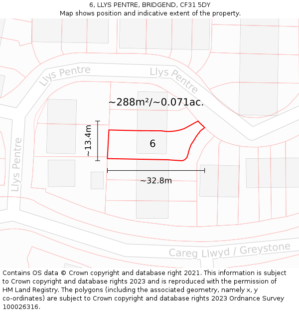 6, LLYS PENTRE, BRIDGEND, CF31 5DY: Plot and title map