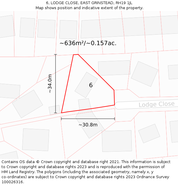 6, LODGE CLOSE, EAST GRINSTEAD, RH19 1JL: Plot and title map