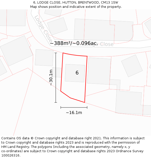 6, LODGE CLOSE, HUTTON, BRENTWOOD, CM13 1SW: Plot and title map