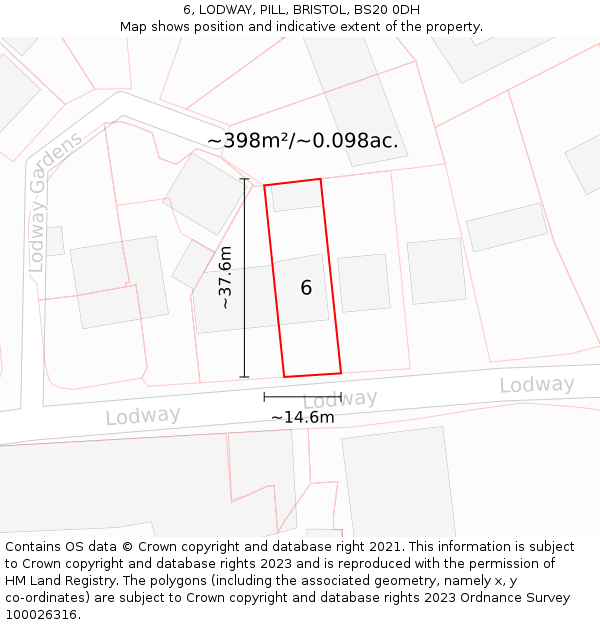 6, LODWAY, PILL, BRISTOL, BS20 0DH: Plot and title map