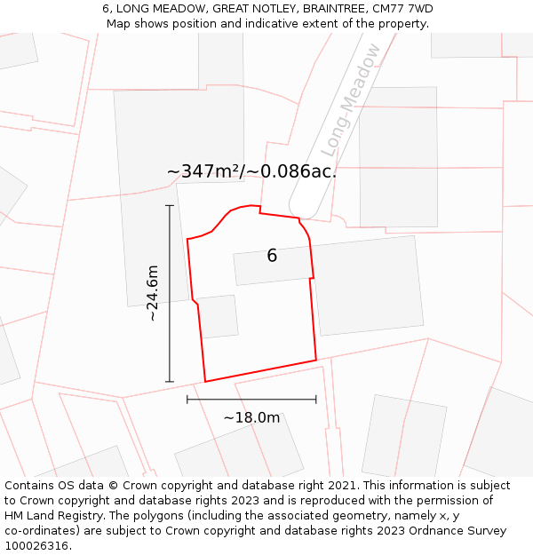 6, LONG MEADOW, GREAT NOTLEY, BRAINTREE, CM77 7WD: Plot and title map