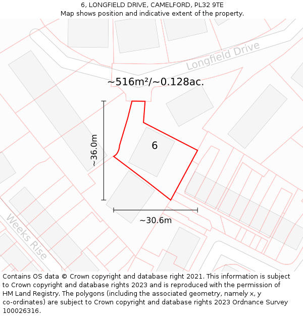 6, LONGFIELD DRIVE, CAMELFORD, PL32 9TE: Plot and title map