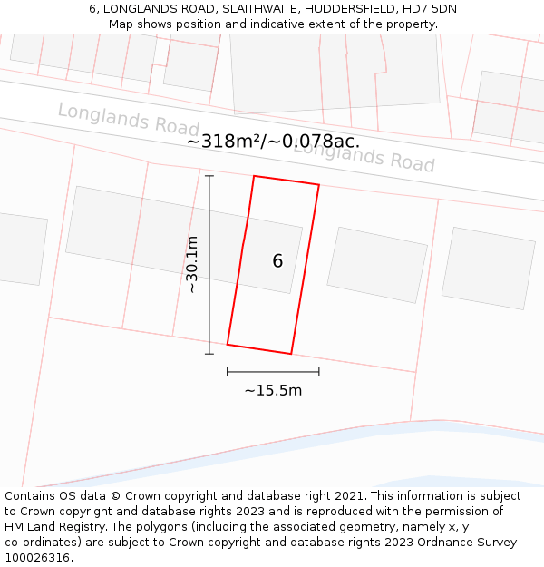 6, LONGLANDS ROAD, SLAITHWAITE, HUDDERSFIELD, HD7 5DN: Plot and title map