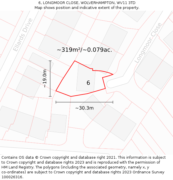 6, LONGMOOR CLOSE, WOLVERHAMPTON, WV11 3TD: Plot and title map
