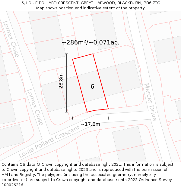 6, LOUIE POLLARD CRESCENT, GREAT HARWOOD, BLACKBURN, BB6 7TG: Plot and title map