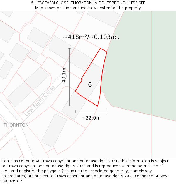 6, LOW FARM CLOSE, THORNTON, MIDDLESBROUGH, TS8 9FB: Plot and title map