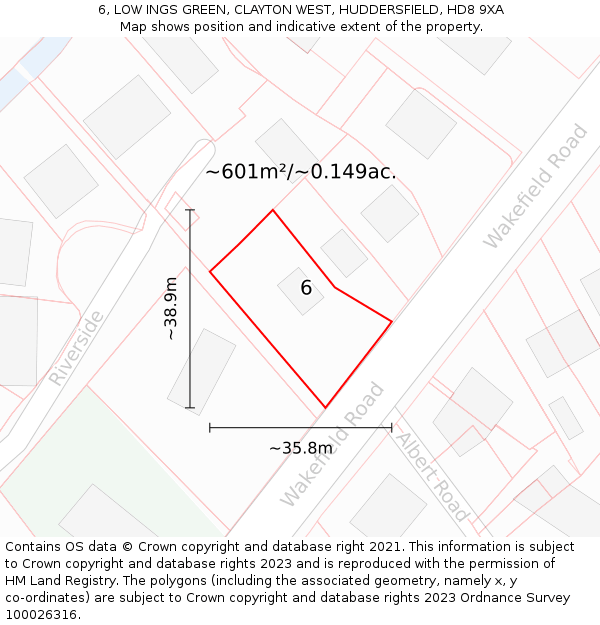 6, LOW INGS GREEN, CLAYTON WEST, HUDDERSFIELD, HD8 9XA: Plot and title map