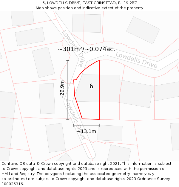 6, LOWDELLS DRIVE, EAST GRINSTEAD, RH19 2RZ: Plot and title map