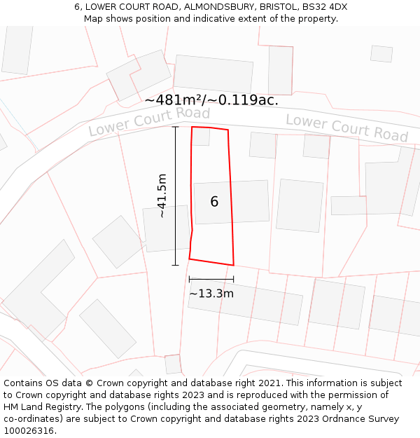6, LOWER COURT ROAD, ALMONDSBURY, BRISTOL, BS32 4DX: Plot and title map
