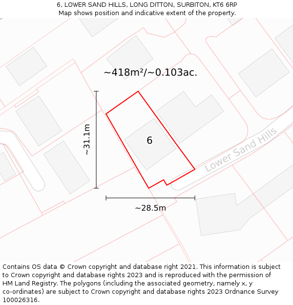 6, LOWER SAND HILLS, LONG DITTON, SURBITON, KT6 6RP: Plot and title map