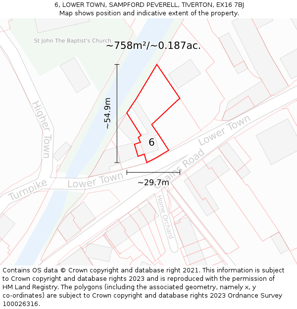 6, LOWER TOWN, SAMPFORD PEVERELL, TIVERTON, EX16 7BJ: Plot and title map
