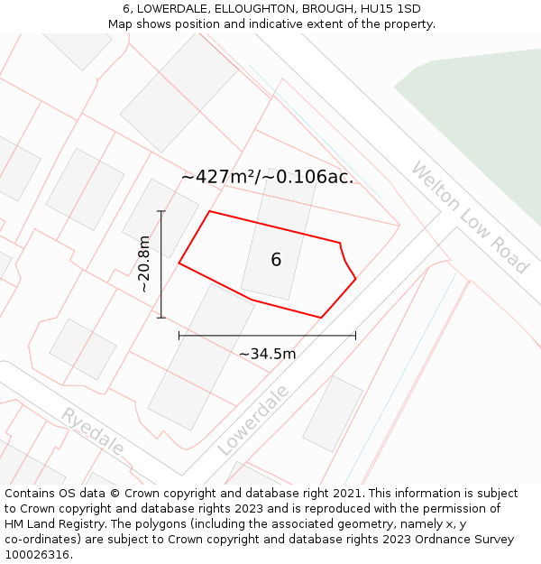 6, LOWERDALE, ELLOUGHTON, BROUGH, HU15 1SD: Plot and title map