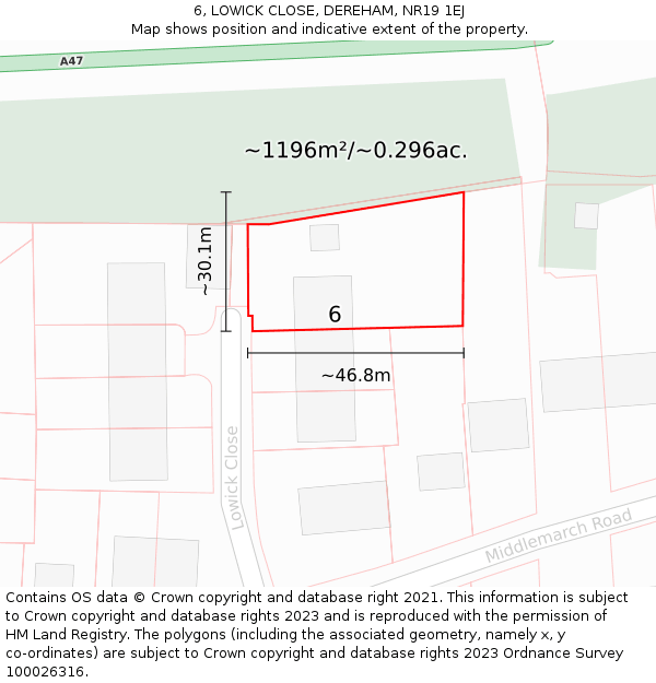6, LOWICK CLOSE, DEREHAM, NR19 1EJ: Plot and title map