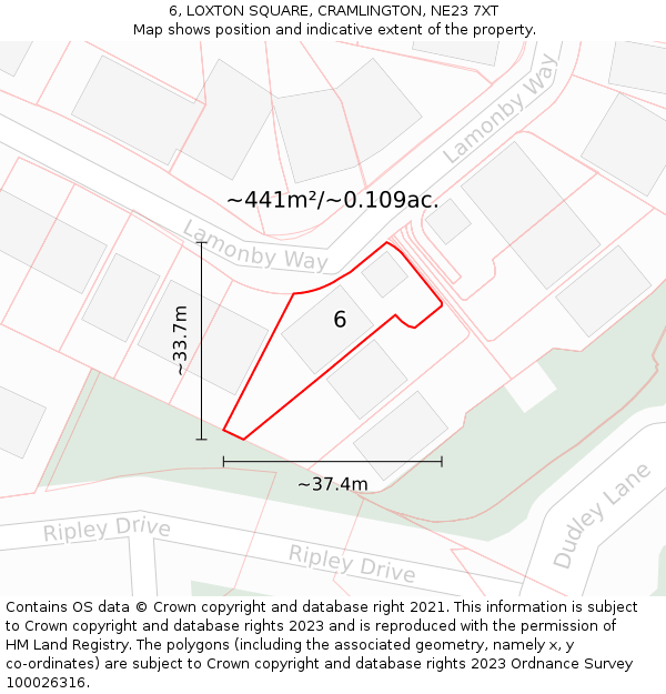 6, LOXTON SQUARE, CRAMLINGTON, NE23 7XT: Plot and title map