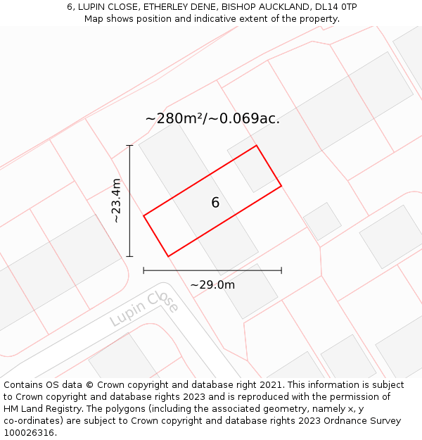 6, LUPIN CLOSE, ETHERLEY DENE, BISHOP AUCKLAND, DL14 0TP: Plot and title map