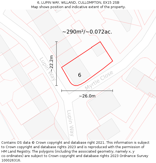 6, LUPIN WAY, WILLAND, CULLOMPTON, EX15 2SB: Plot and title map