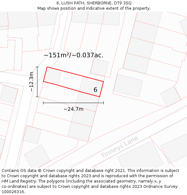 6, LUSH PATH, SHERBORNE, DT9 3SQ: Plot and title map