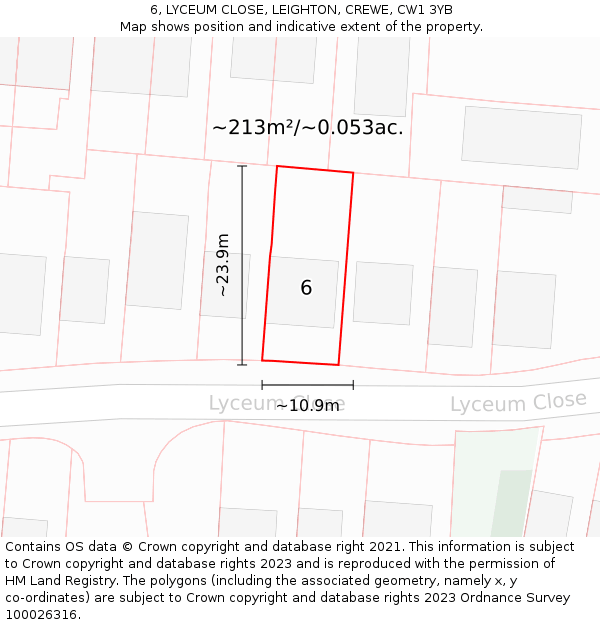 6, LYCEUM CLOSE, LEIGHTON, CREWE, CW1 3YB: Plot and title map