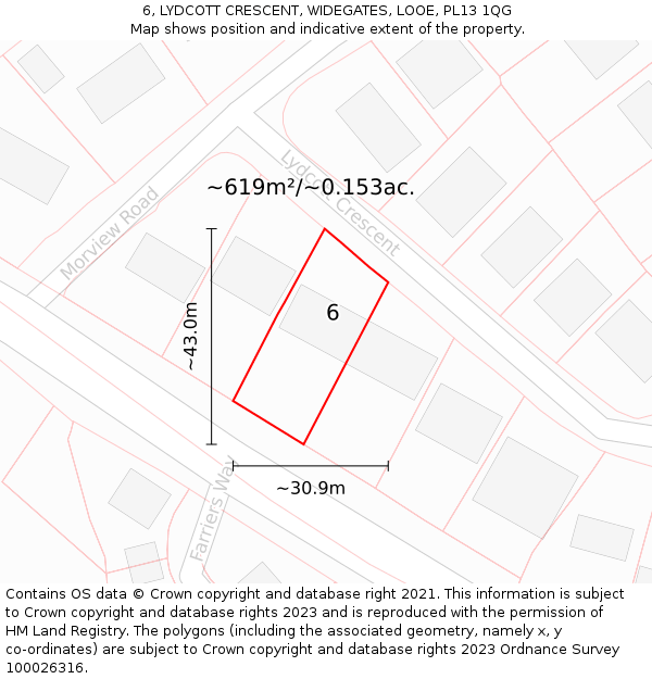 6, LYDCOTT CRESCENT, WIDEGATES, LOOE, PL13 1QG: Plot and title map