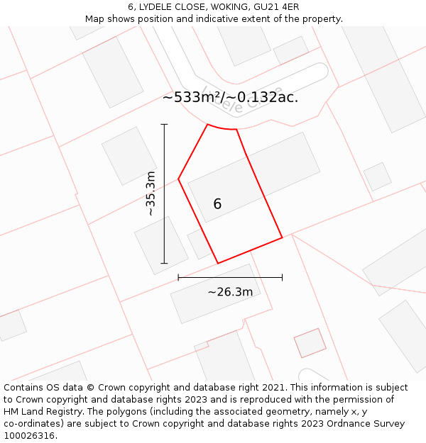 6, LYDELE CLOSE, WOKING, GU21 4ER: Plot and title map