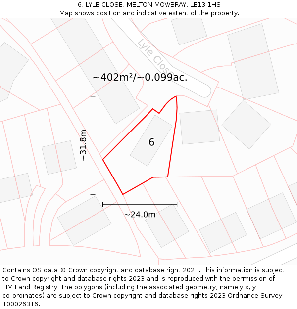 6, LYLE CLOSE, MELTON MOWBRAY, LE13 1HS: Plot and title map