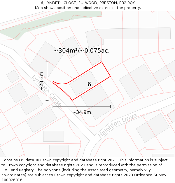 6, LYNDETH CLOSE, FULWOOD, PRESTON, PR2 9QY: Plot and title map