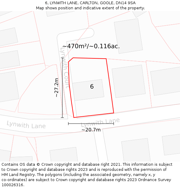 6, LYNWITH LANE, CARLTON, GOOLE, DN14 9SA: Plot and title map