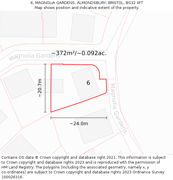 6, MAGNOLIA GARDENS, ALMONDSBURY, BRISTOL, BS32 4FT: Plot and title map