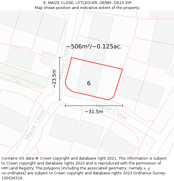 6, MAIZE CLOSE, LITTLEOVER, DERBY, DE23 3YP: Plot and title map
