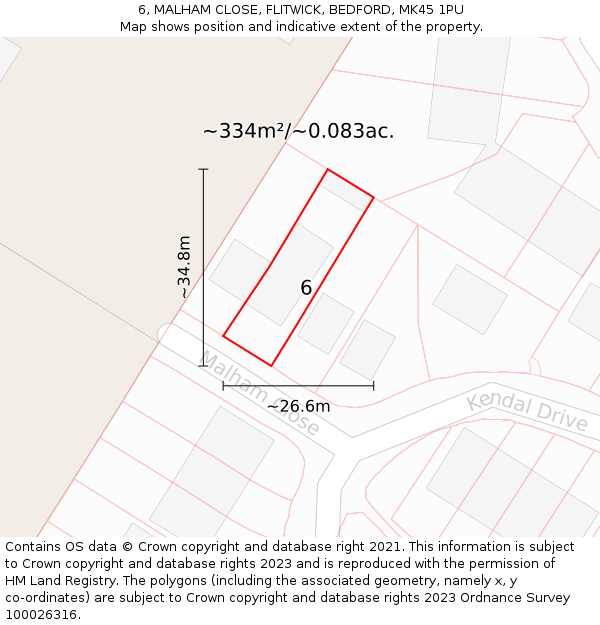 6, MALHAM CLOSE, FLITWICK, BEDFORD, MK45 1PU: Plot and title map