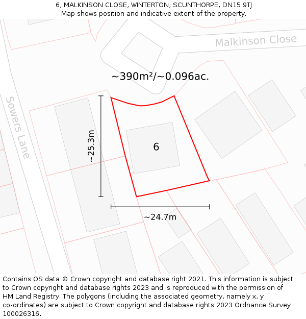 6, MALKINSON CLOSE, WINTERTON, SCUNTHORPE, DN15 9TJ: Plot and title map