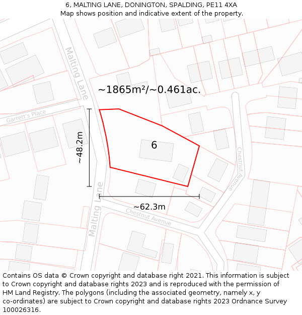 6, MALTING LANE, DONINGTON, SPALDING, PE11 4XA: Plot and title map