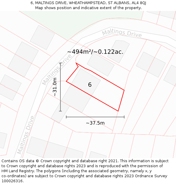 6, MALTINGS DRIVE, WHEATHAMPSTEAD, ST ALBANS, AL4 8QJ: Plot and title map