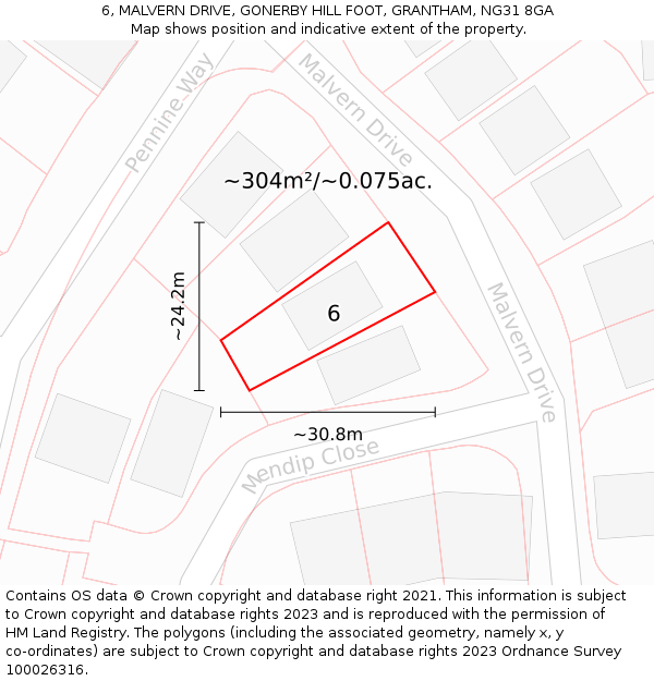 6, MALVERN DRIVE, GONERBY HILL FOOT, GRANTHAM, NG31 8GA: Plot and title map