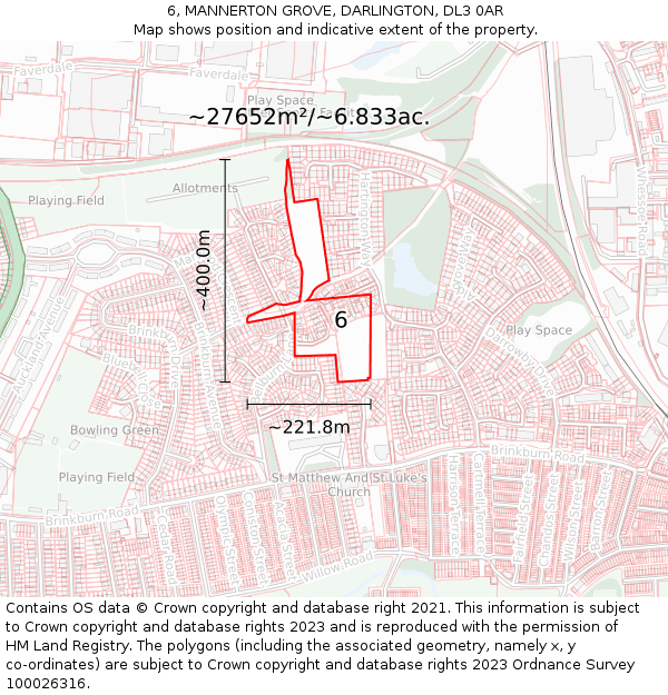 6, MANNERTON GROVE, DARLINGTON, DL3 0AR: Plot and title map