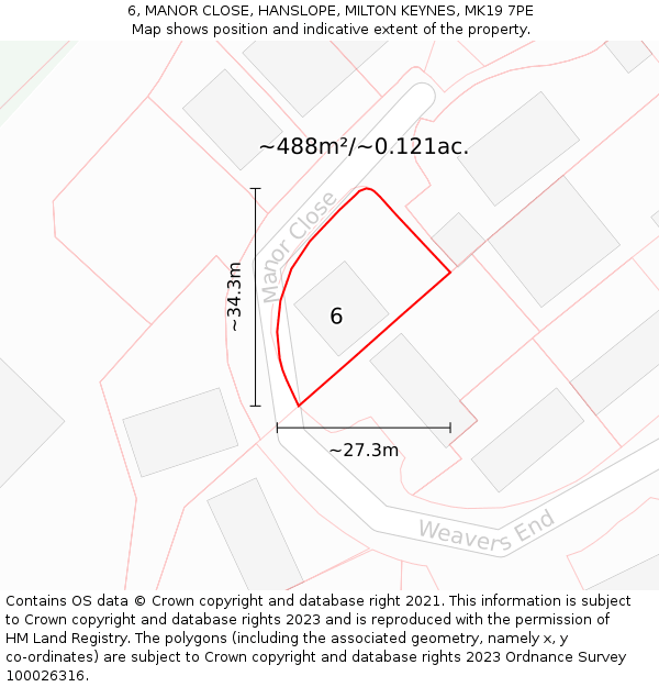 6, MANOR CLOSE, HANSLOPE, MILTON KEYNES, MK19 7PE: Plot and title map