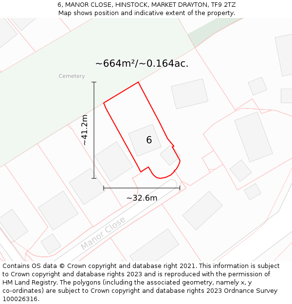 6, MANOR CLOSE, HINSTOCK, MARKET DRAYTON, TF9 2TZ: Plot and title map