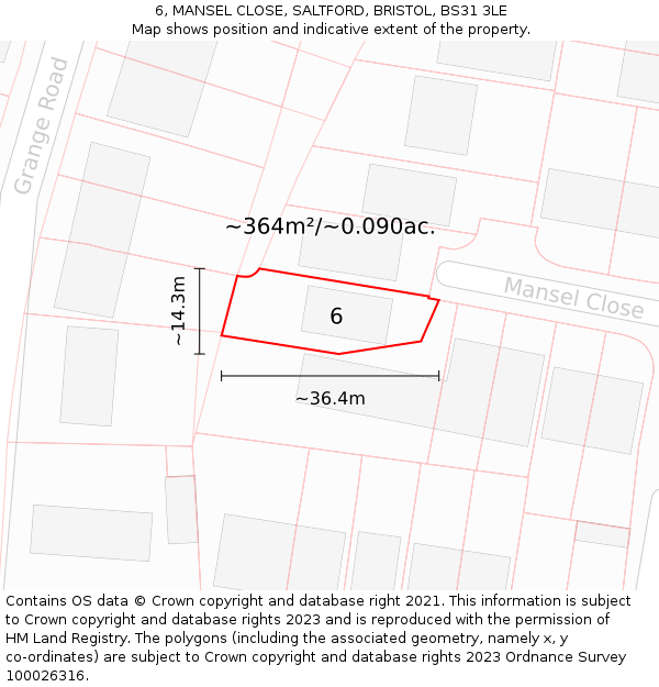 6, MANSEL CLOSE, SALTFORD, BRISTOL, BS31 3LE: Plot and title map